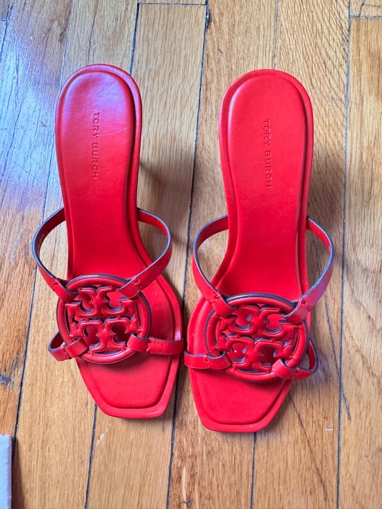 Tory Burch Shoes - Tory Burch Red Leather Logo Slide Heels